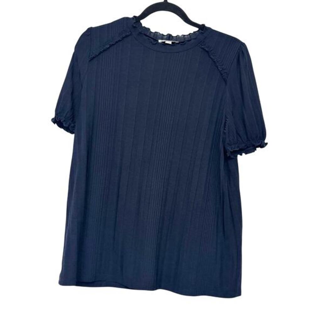 LOFT Blue Textured‎ Blouse Ruffle Trim Puff Sleeve Top Women M Classic Sheer
